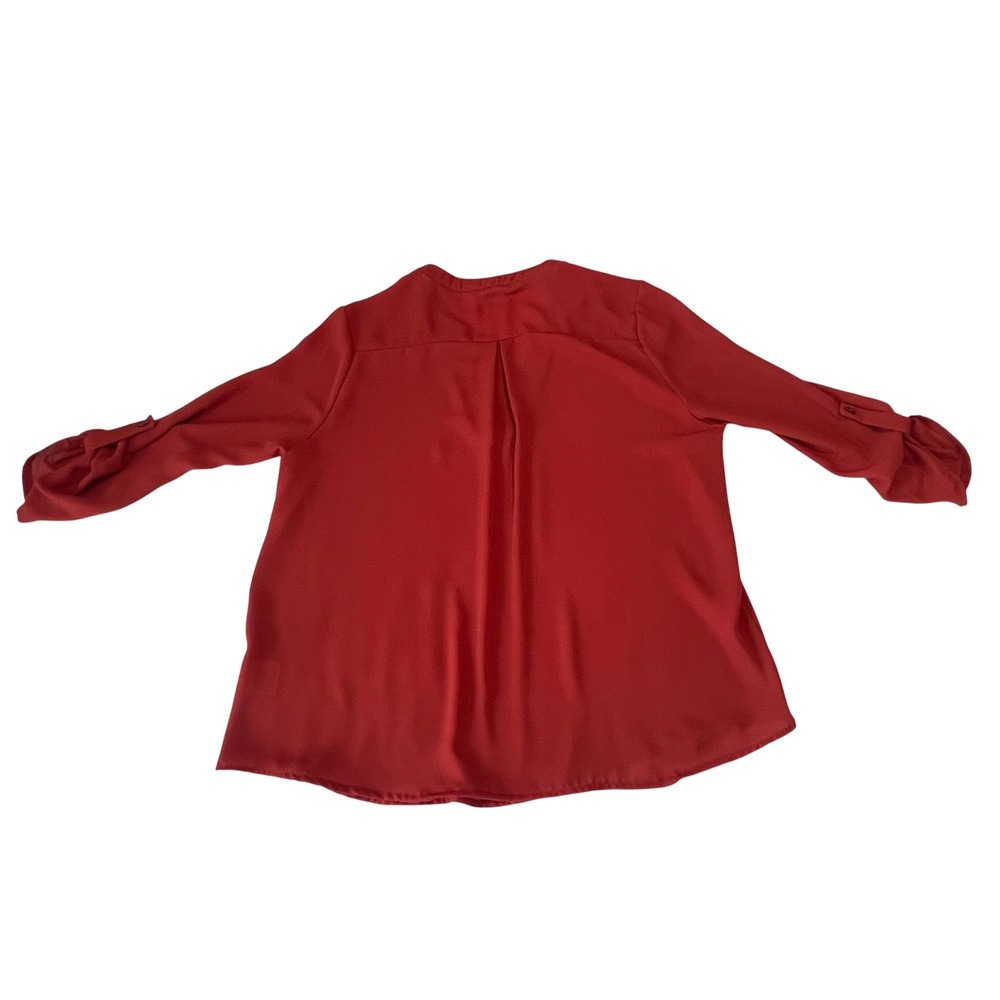 00748 Pink Rose Orange Roll Tab Sleeve V Neck High Low Blouse‎ Women Medium - Picture 8 of 8